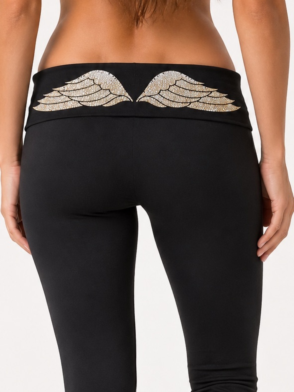 Victoria's Secret Y2K Bling Angel Silver Wing Crop Pants M Black Foldover EUC